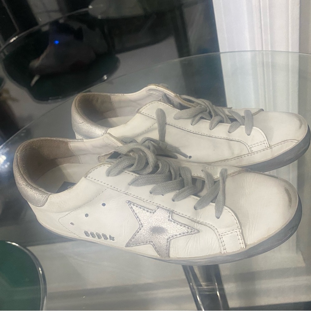 Golden Goose White and Silver Star Sneakers